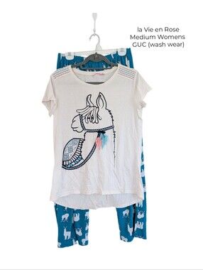 Women's Medium La Vie En Rose White Top & Teal Fleece Llama Pajama Pants Set
